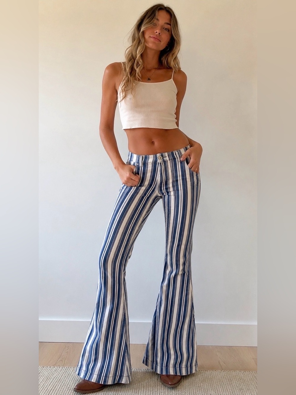 FREE PEOPLE Jolene Hip Hugger Stripe Flare Jeans 24